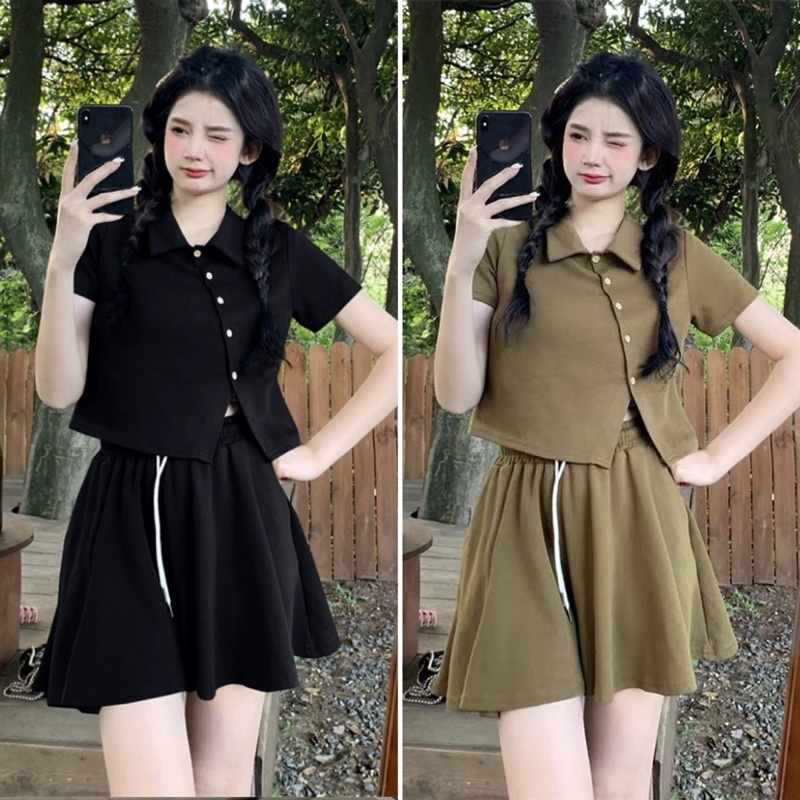 Set bộ áo croptop CÚC CHÉO mix quần short giả váy ống rộng (Ảnh thật)