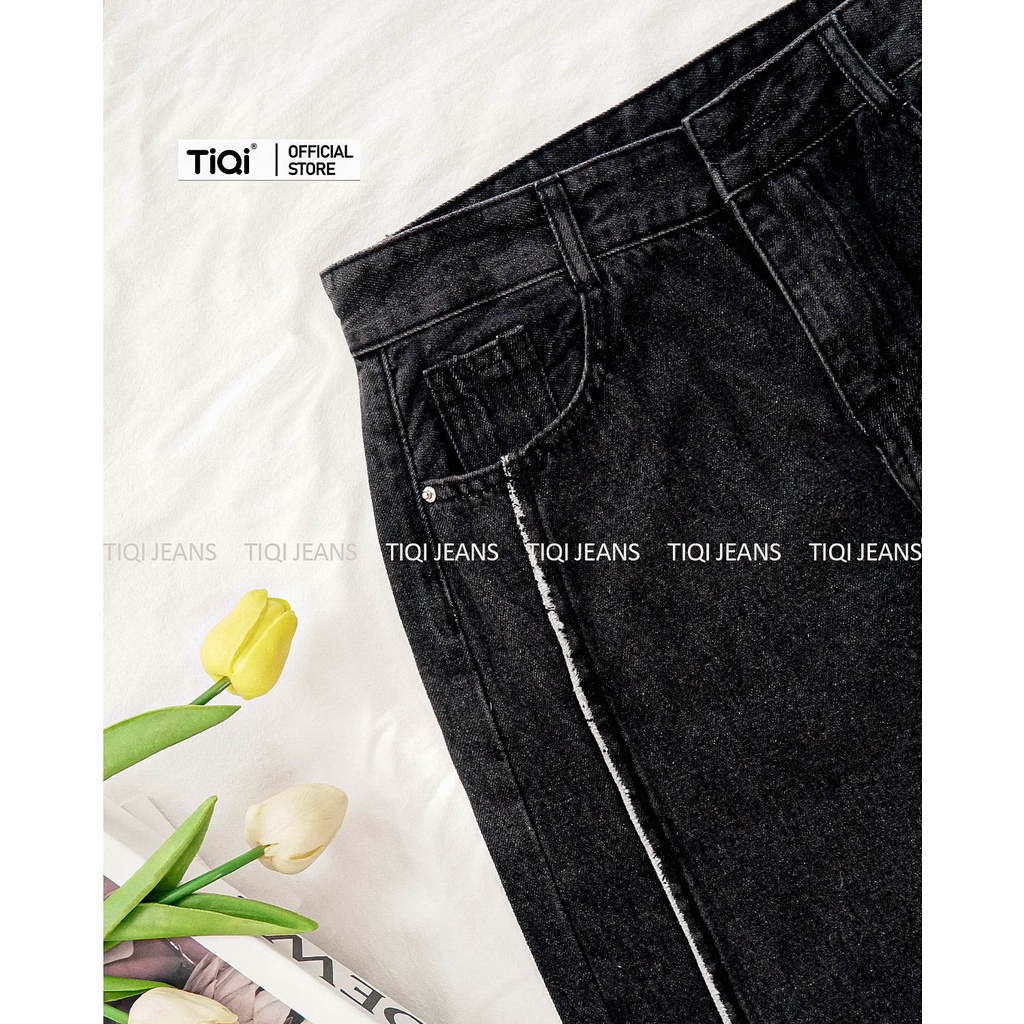 Quần jean ống rộng nữ lưng cao sọc trắng form suông hack dáng xám đen TiQi Jeans B2-229