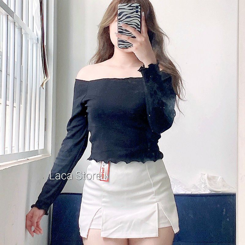 Áo Croptop Gân Cotton Dệt Kim Trễ Vai Dài Tay Ulzzang G2-1,  áo crt croptop bẹt vai cổ thuyền viền bèo quyến rũ