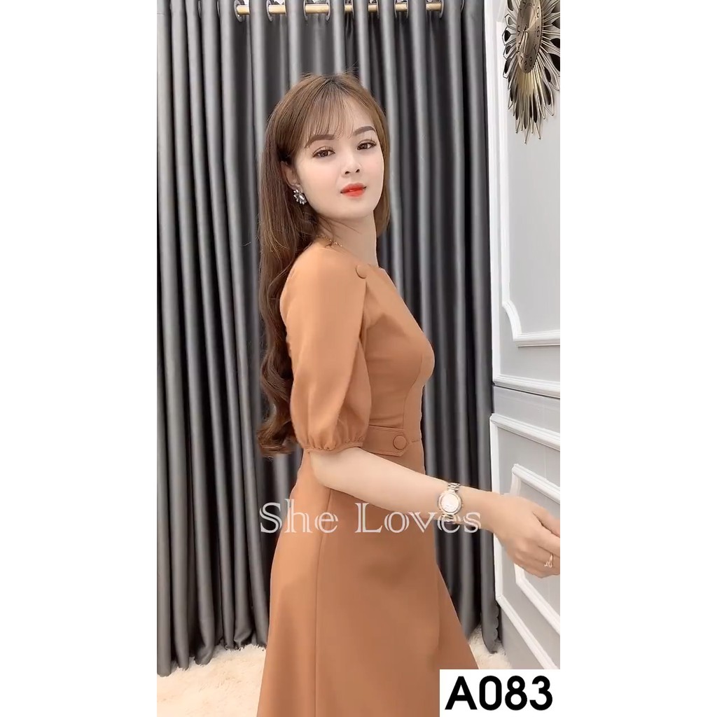 [Đồng giá 379k] Đầm Công Sở Dáng Suông Ôm Eo Phần Tay Phối Đẹp - She Loves A083 Màu Nâu