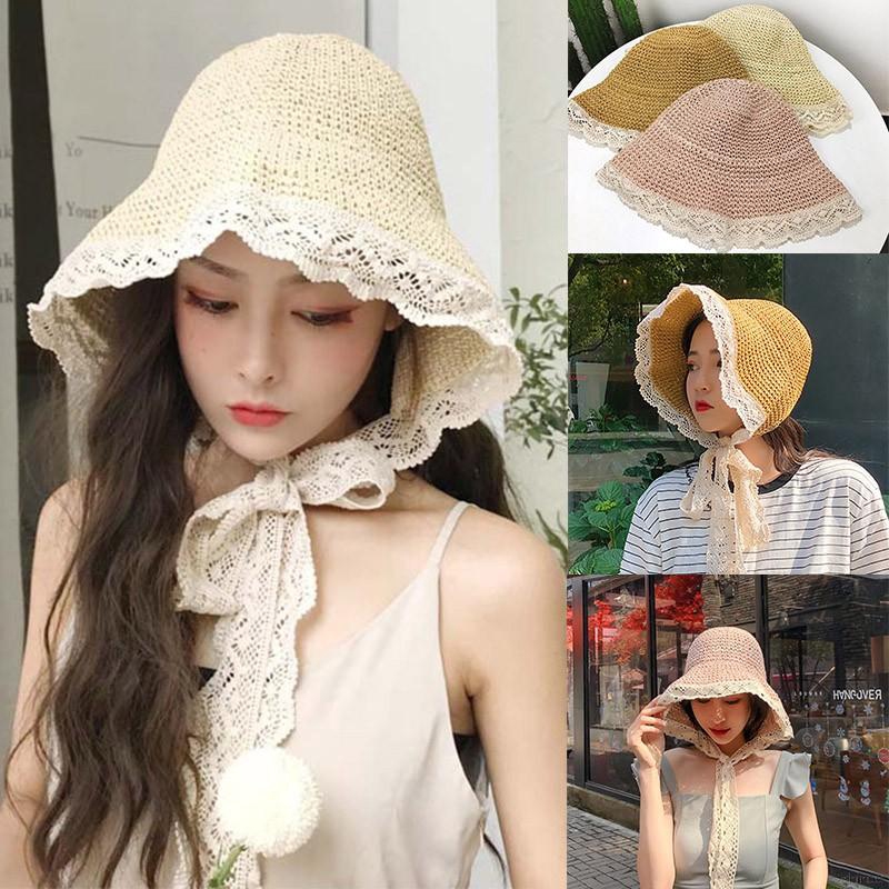 Nón rộng vành phối ren lưới và ruy băng thời trang đi biển cho phái nữ
