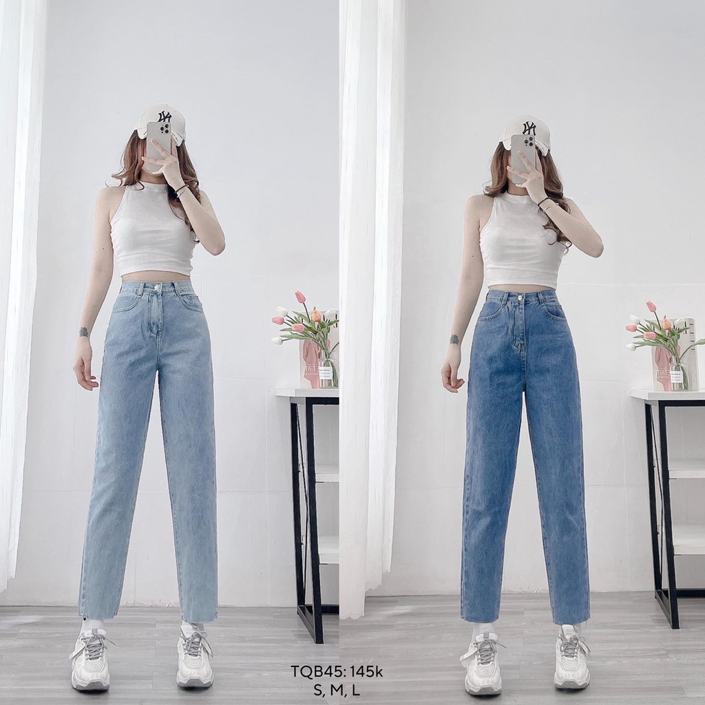 Quần baggy trơn ống nhỏ basic đẹp jean nữ lưng cao 2 đai nút CHIBEST TQB45