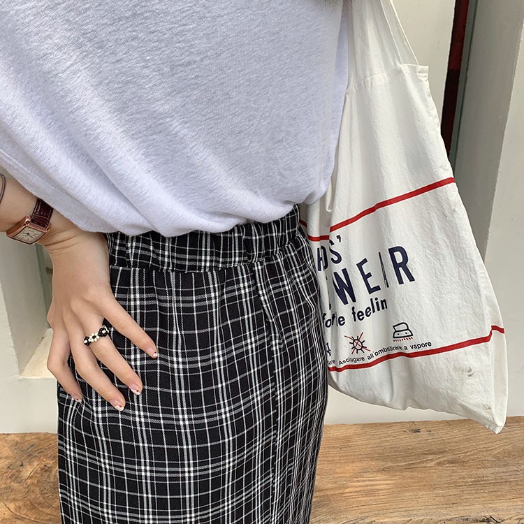 SUXI Chân Váy Chữ A Lưng Cao Họa Tiết Kẻ Sọc Phong Cách Hàn Quốc