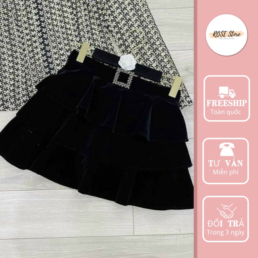 Chân váy nhung rút dây xếp tầng size SML- ROSE STORE