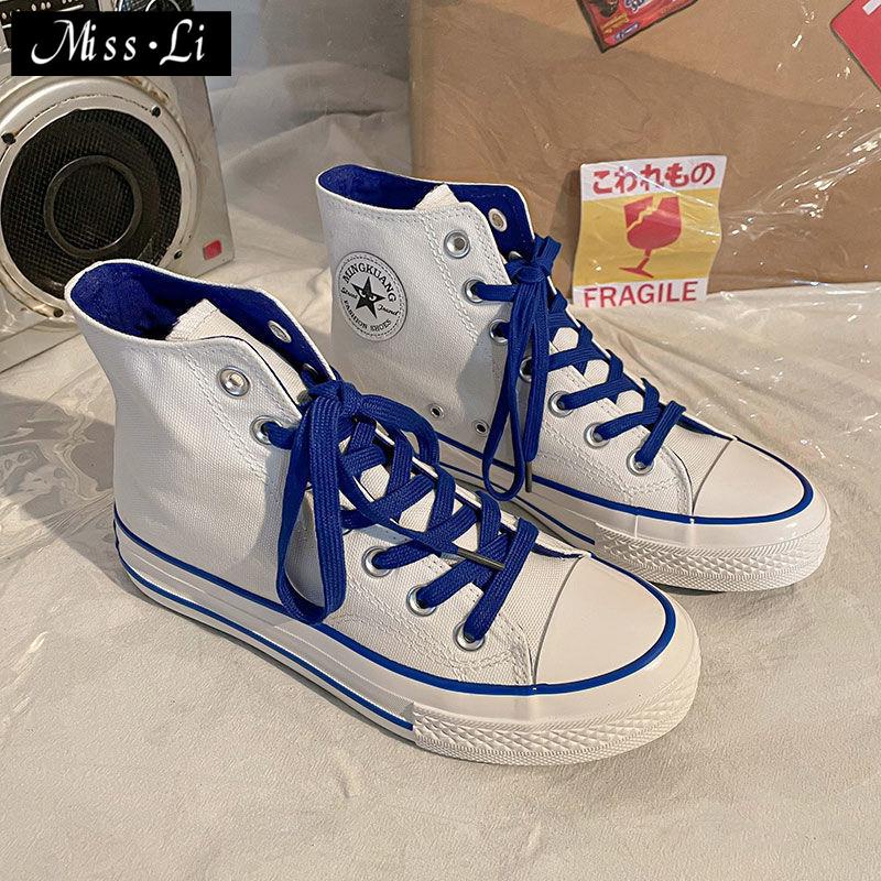 Giày Vải Canvas Màu Trắng Xanh Dương Phong Cách Thời Trang Retro Cho Nữ~2022