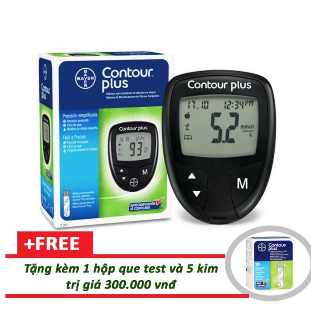 TRỌN BỘ Combo Máy đo đường huyết Bayer Contour Plus Đức bao gồm kim &amp; bút chích máu, TẶNG THÊM HỘP QUE THỬ 25que