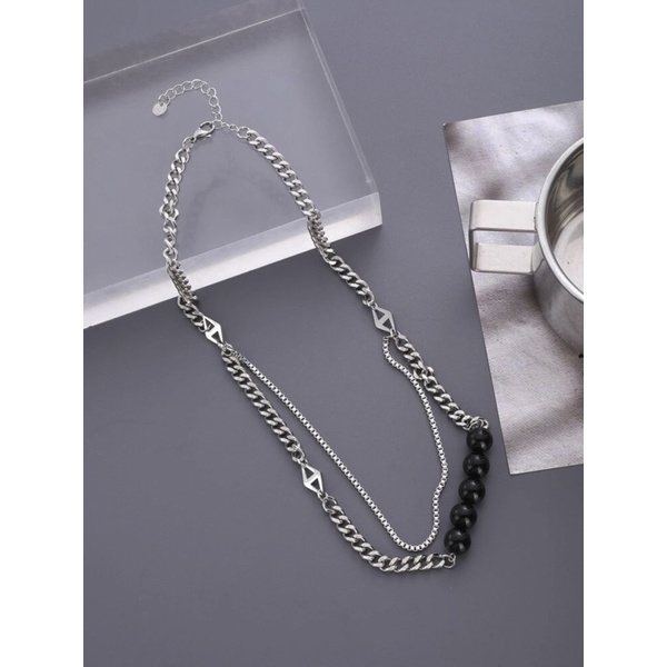 Vòng cổ xếp lớp trang trí hạt bằng thép titan không gỉ - Dây chuyền unisex cho nam nữ