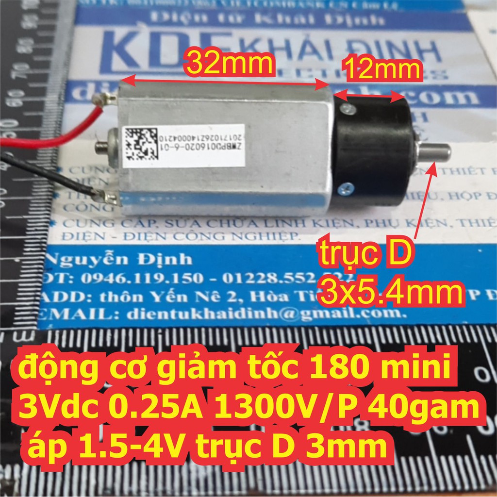 động cơ giảm tốc 180 mini 3Vdc 0.25A 1300V/P áp 1.5-4V trục D 3mm 40gam kde7323