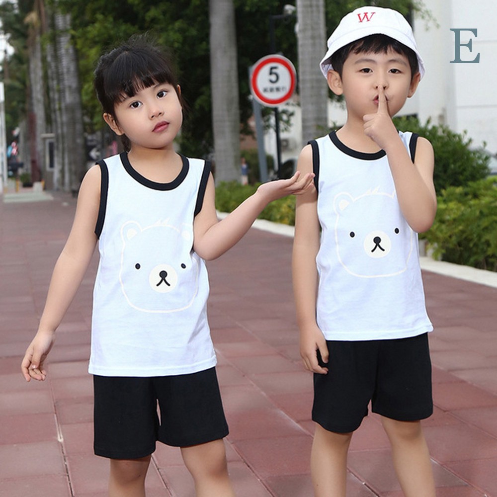 【1-7T】Twins Pajamas Kid's Cartoon Clothing Set Baby Bear Sleeveless Boy Tshirt+Pants Borther Sisters Sleepwear