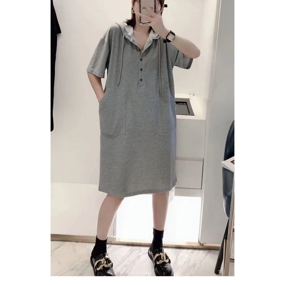 Đầm Hoodie Tay Ngắn Dáng Rộng Màu Trơn C9045 40-150KG Thời Trang Cho Nữ