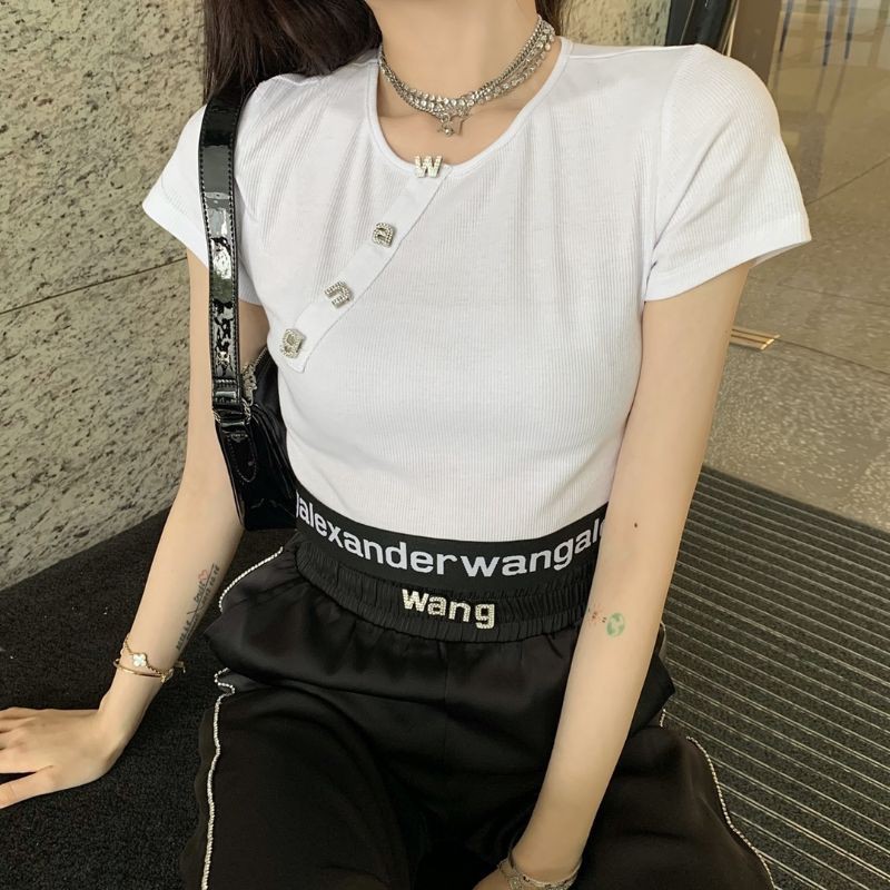 bộ thể thao nữ áo thun croptop ngắn tay cổ tròn+quần dài ống suông cạp chun Alexander Wang