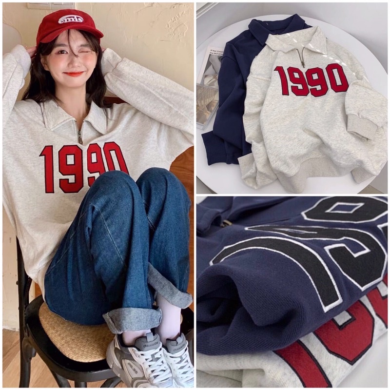 Áo Nỉ Cổ Khoá 1990 - Áo Nỉ Nữ 2 Màu Dáng Thụng Siêu Hot Trend