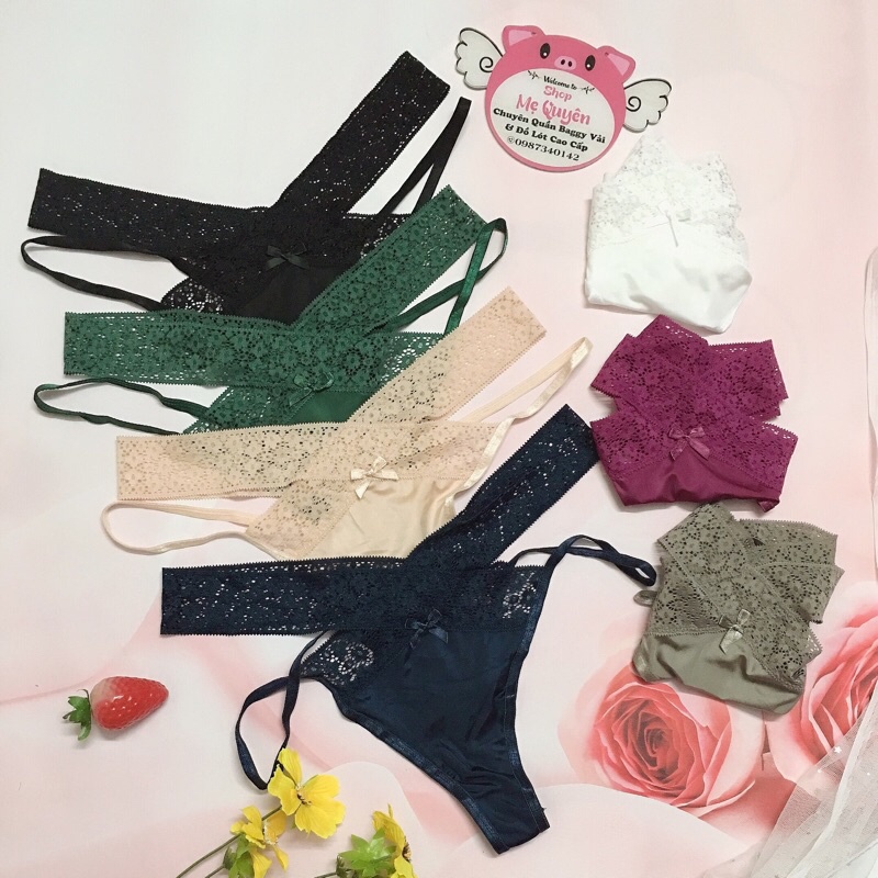 Quần lót lọt khe nữ chất liệu ren phối thun sexy dây chéo cá tính mã 3097