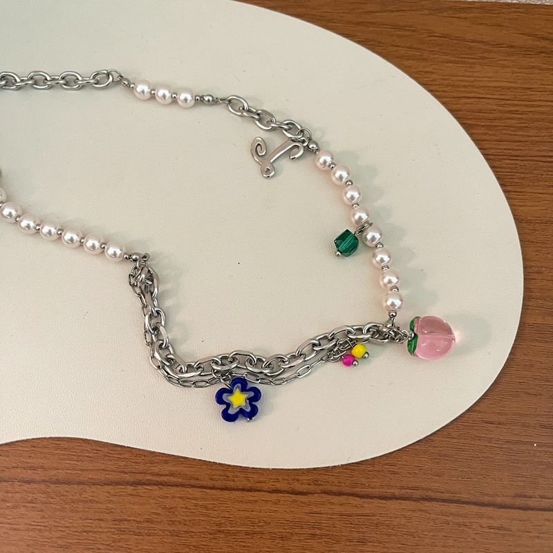 Vòng cổ Thép Titan Mặt Hoa Thủy Tinh Đính Ngọc Trai Dễ Thương