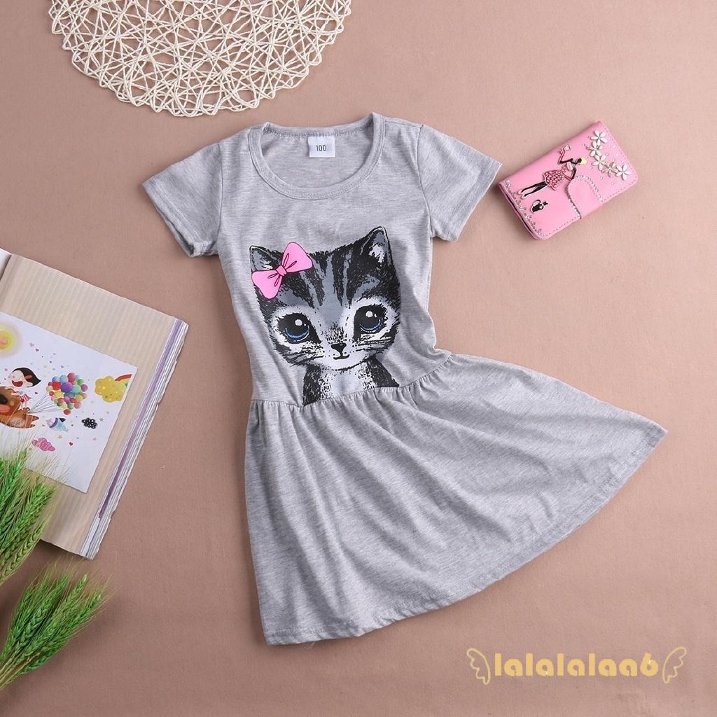 Đầm suông tay ngắn vải cotton mềm mại in hình mèo hoạt hình dễ thương cho bé gái