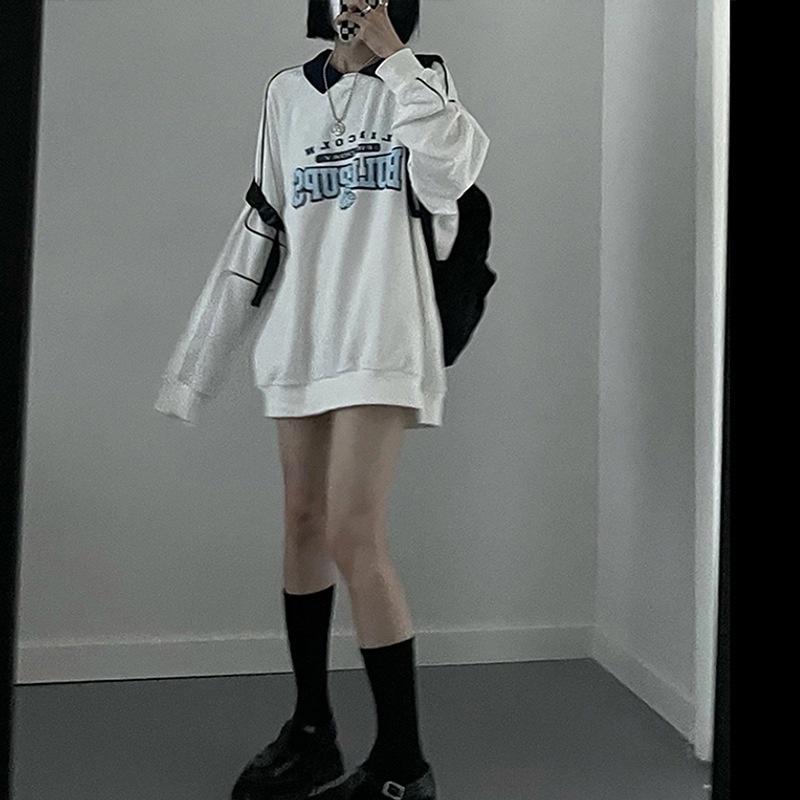 Áo sweater IELGY tay dài màu trắng in chữ cái cổ áo POLO thời trang cho nữ