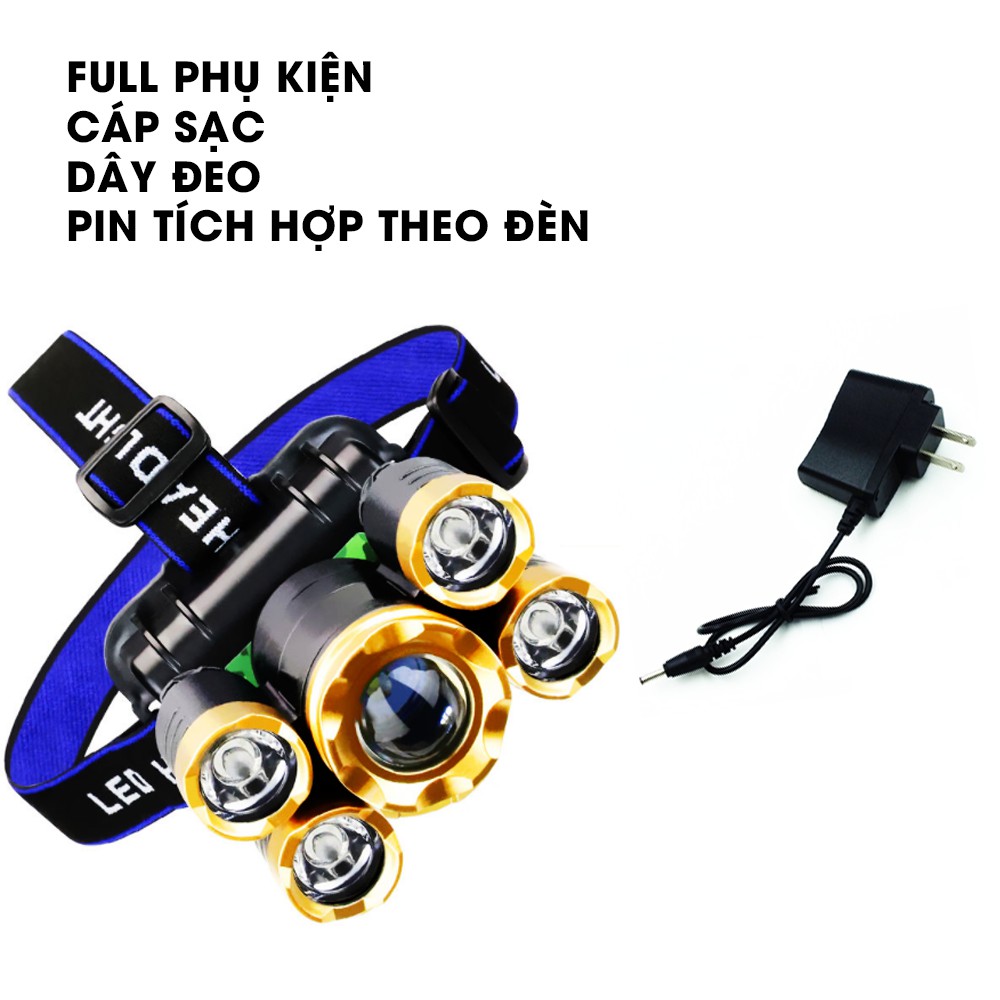 Đèn đội đầu COB 5 bóng đèn led có chớp nhiều chế độ đèn,pin tích hợp full phụ kiện có video.mfs