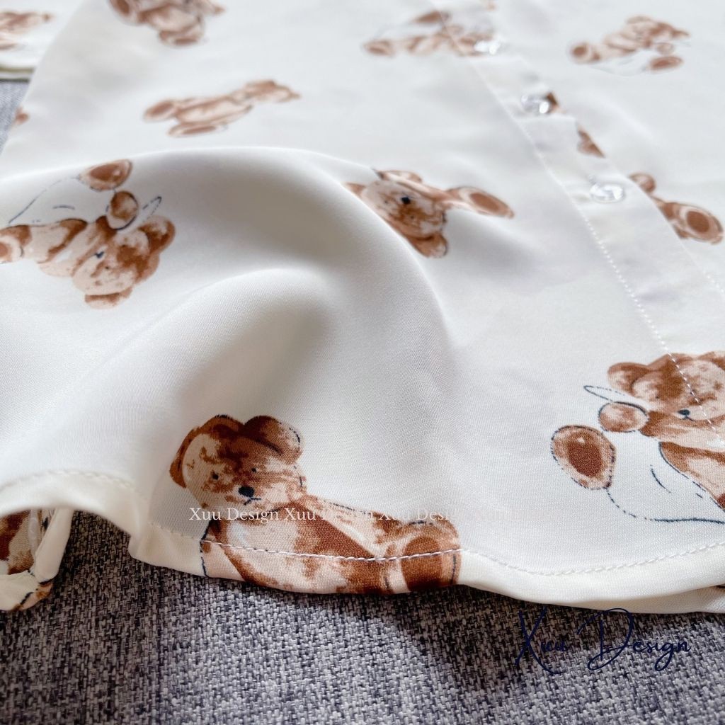 Áo sơ mi nữ cộc tay Xuu Design, Áo sơ mi kiểu họa tiết trẻ trung chất vải lụa Hàn mềm mát SK04