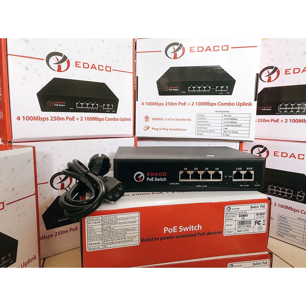 Bộ Chia Mạng PoE Switch EDACO (8 &amp; 4 Port PoE ) + 2 Ports Uplink