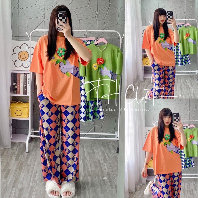 Set áo cotton cam đào hoa xanh ghim riêng quần suông họa tiết ô vuông gấu