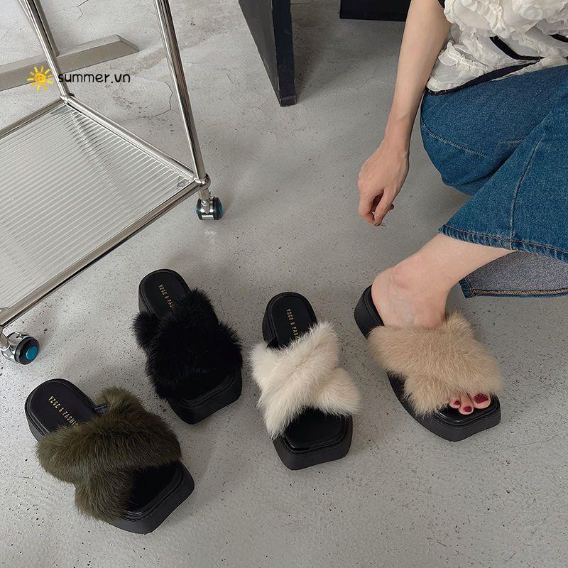 Dép Đế Xuồng Dày Quai Ngang Phủ Lông Thời Trang Mùa Hè 2022 Mới Cho Nữ
