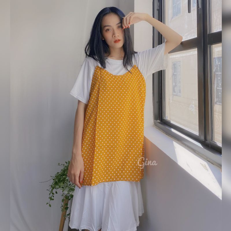 Đầm thun suông ngắn tay phối váy voan hai dây chấm bi cá tính Hàn Quốc ulzzang