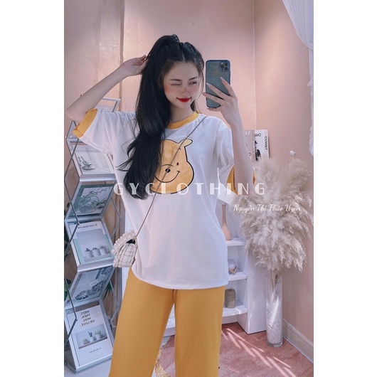 Set quần suông vàng áo cotton pooh thêu phối viền đáng yêu