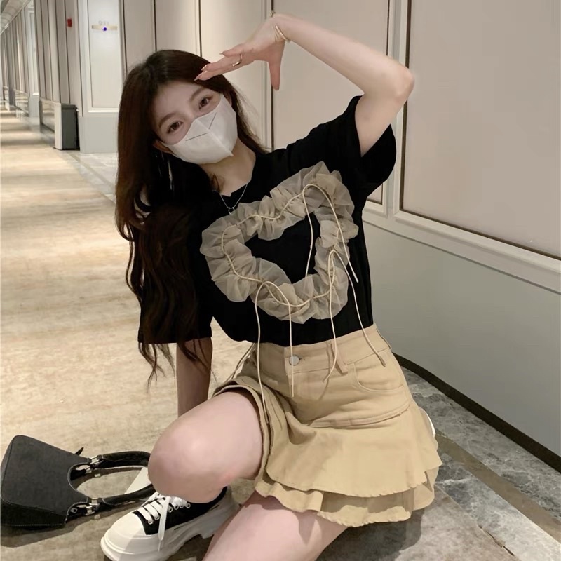 𝐇𝐞𝐚𝐫𝐭 𝐒𝐞𝐭- Set áo thun trái tim và chân váy kaki xoè tầng cạp cao baby hot ulzzang