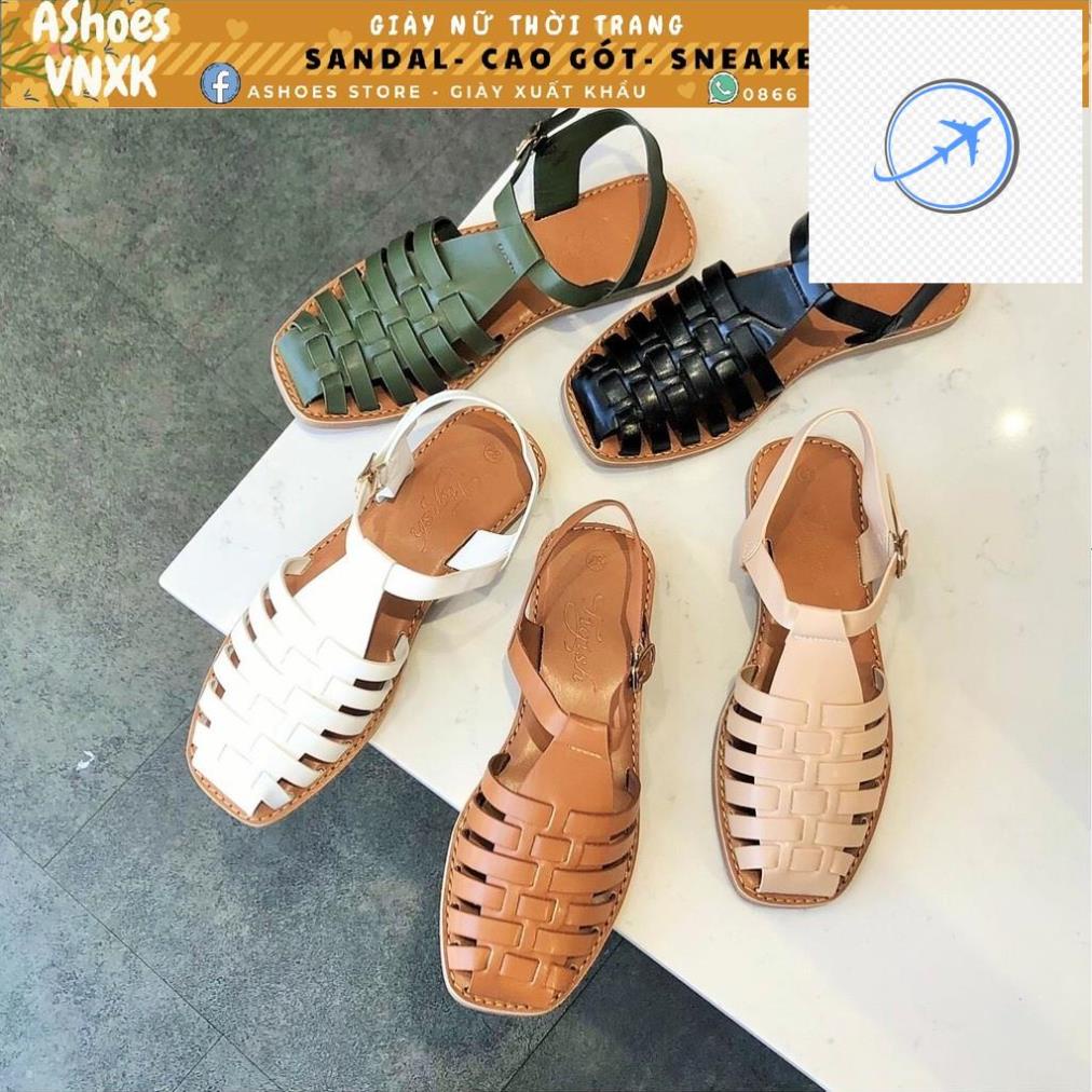Giày sandal rọ nữ nền nâu bít mũi sáu dây/ sandal chiến binh đế bệt hở gót | AShoes VN