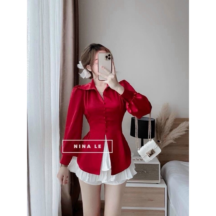 Áo sơ mi kiểu tiểu thư tay dài cách điệu, Chất lụa satin cực đẹp,Áo Lệch Vai Tay Dài Phồng Phi Lụa Kèm Chocker Siêu Sang