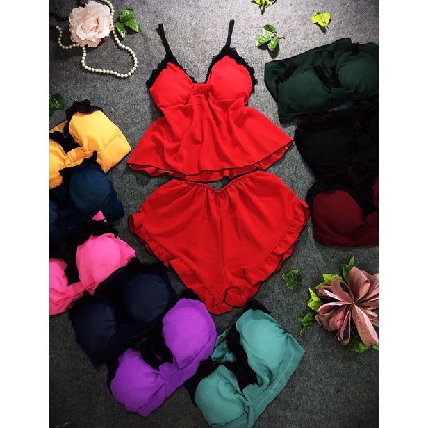 💋BỘ NGỦ VOAN MÚT RẬP NƠ PHỐI REN ĐEN💋 | BigBuy360 - bigbuy360.vn