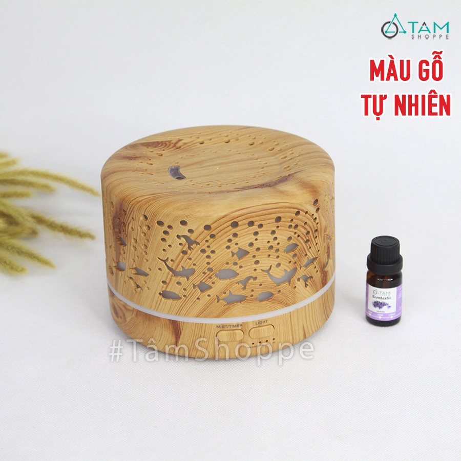 [TẶNG TINH DẦU]Máy khuếch tán tinh dầu trụ lùn vân gỗ phong cách biển phun khói siêu âm MKTTD-19