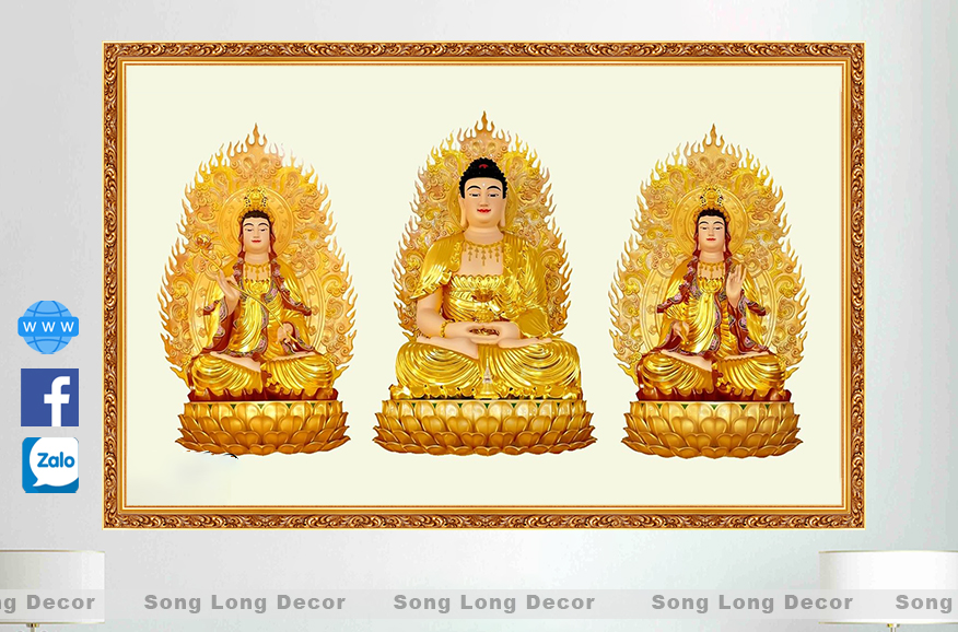 Tranh dán tường Phật Giáo - 086TPG-Tranh 3d Tam Phật Tọa Sen - Song Long Decor