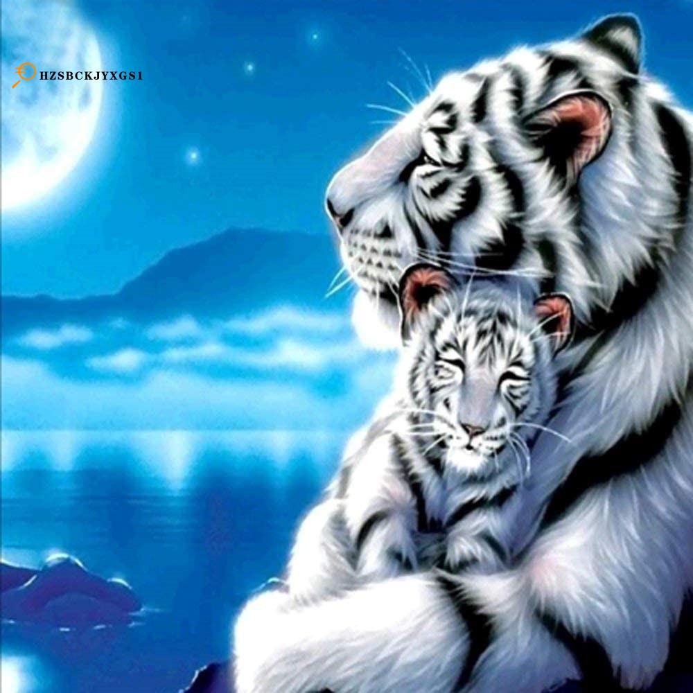 DIY Tiger Diamond Painting By Number Kits with Round Full Drill Gem Art Craft for Adults and Kids