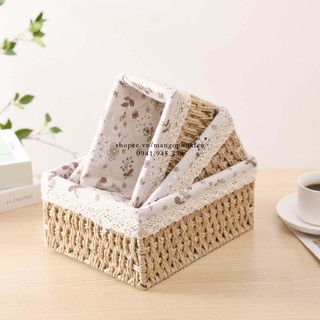 Rổ mây vintage hoa nhí đi picnic để bàn decor góc làm việc (Giỏ mây lót vải hoa nhí đựng đồ ăn vặt đồ trang điểm)