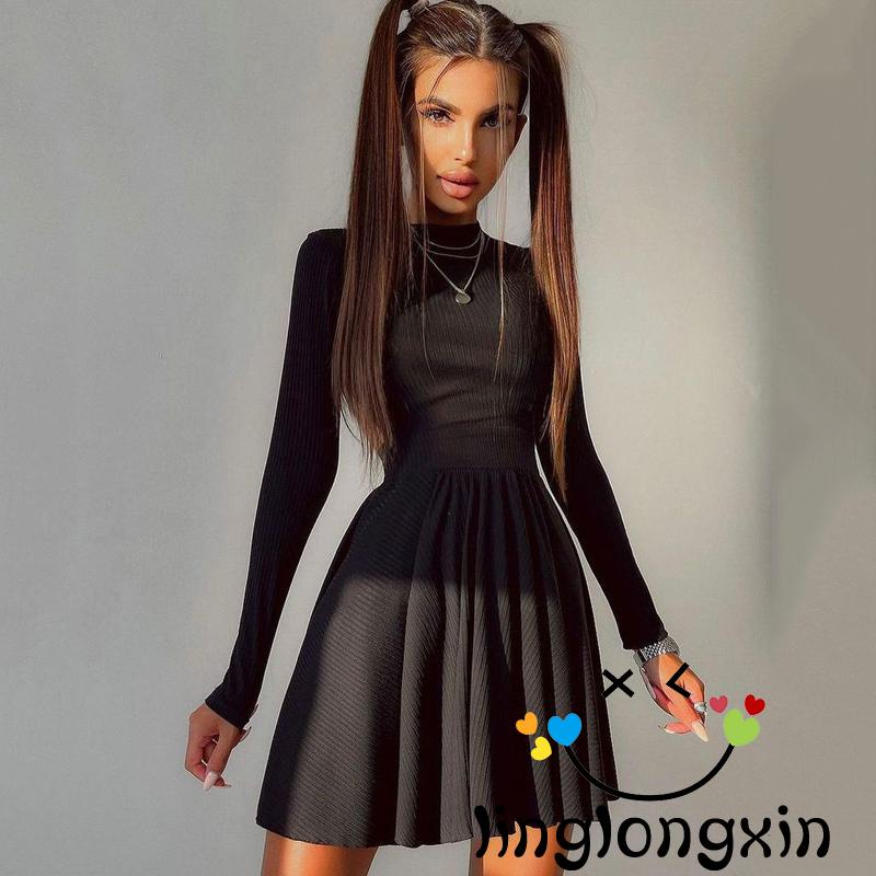 Đầm Ngắn Chữ A Tay Dài Cổ Thuyền Hở Lưng Màu Trơn Cho Nữ Linglongxi2-s