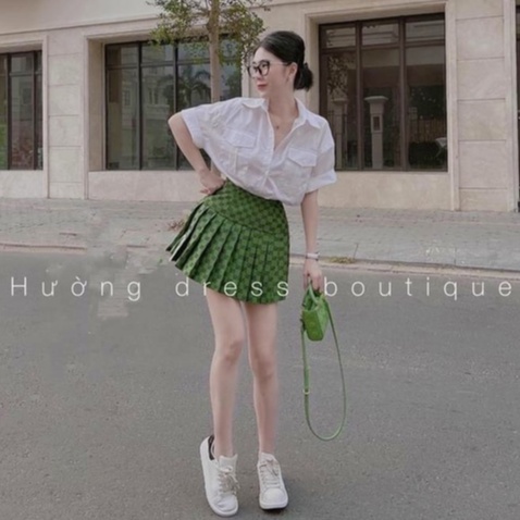 [Mã FAMARAL1 giảm 10K đơn 50K] Set chân váy sơ mi nắp túi chân váy xếp li xanh họa tiết chữ