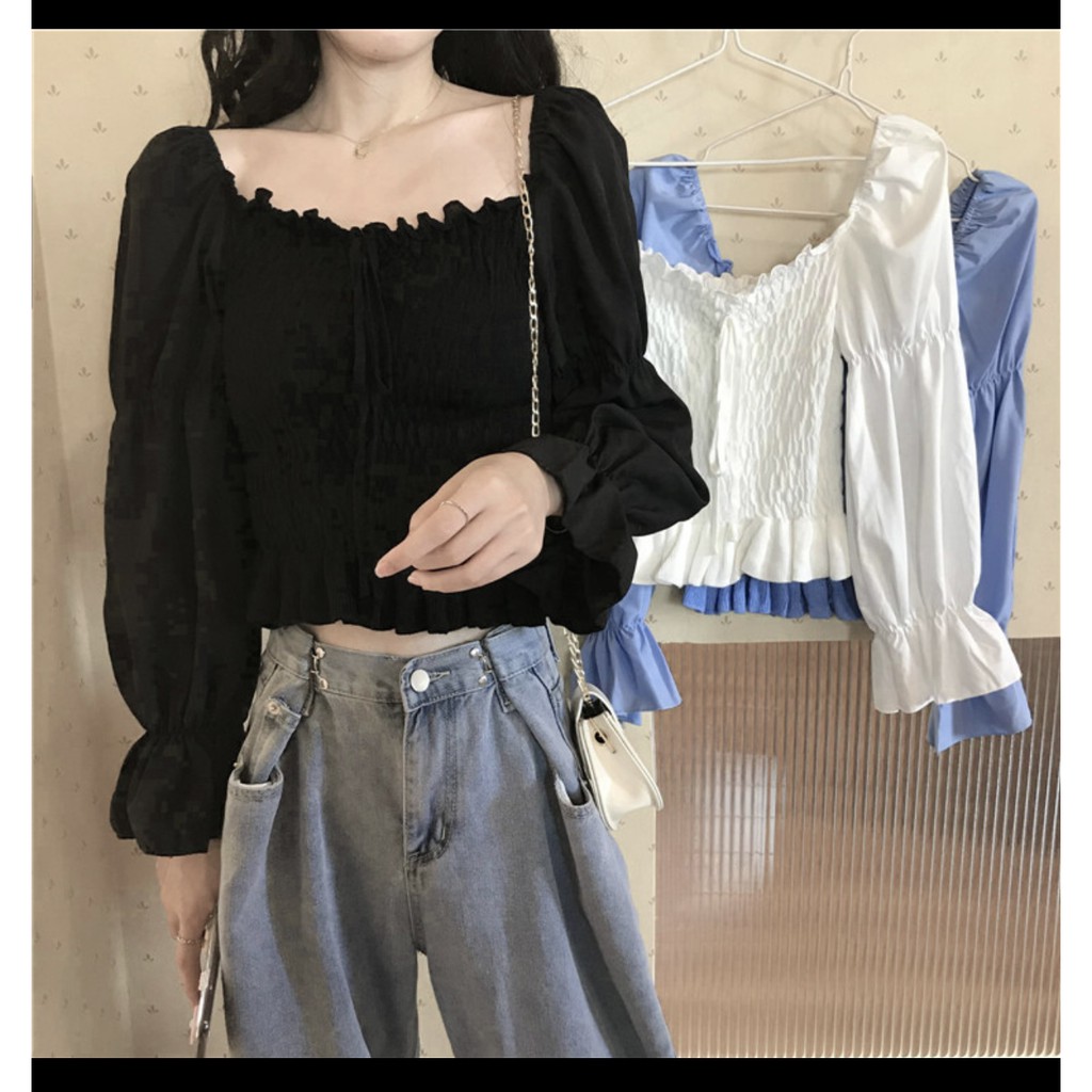 Áo dài tay dài dáng ôm xếp ly dây rút thời trang-A09