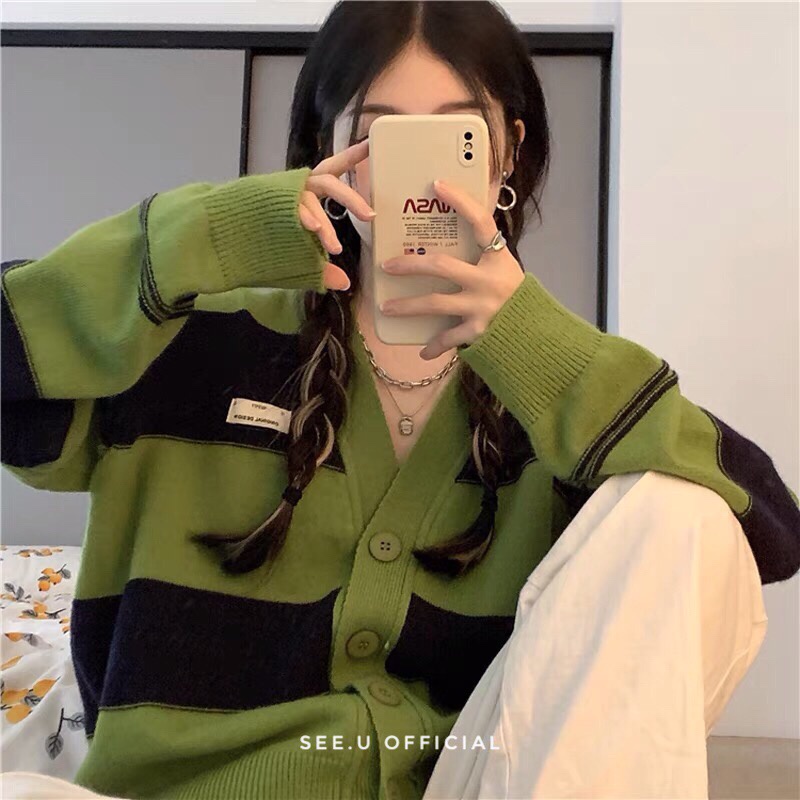 Áo Cardigan Len Dệt Kim Sọc Xanh Đen Chất Len Acrylic Dày Dặn, Mềm Mịn - See.U Official