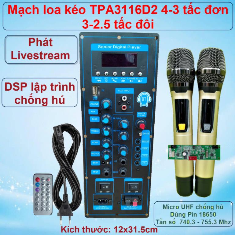 [giare] Mạch loa kéo TPA3116D2 150W LIVESTREAM- DSP lập trình chống hú loa kéo 4 – 3 tấc ĐƠN 3 – 2.5 tấc ĐÔI Kèm Micro V