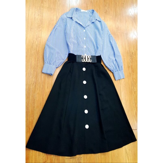 Sét áo kẻ sọc tay bồng + chân váy xòe sz M
