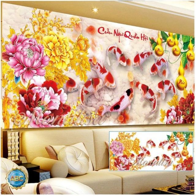 Tranh Đính Đá CÁ CỬU NGƯ QUẦN HỘI (ĐÁ ABC CAO CẤP). Kích Thước: 1m3 x 65cm - 1m5 x 70cm