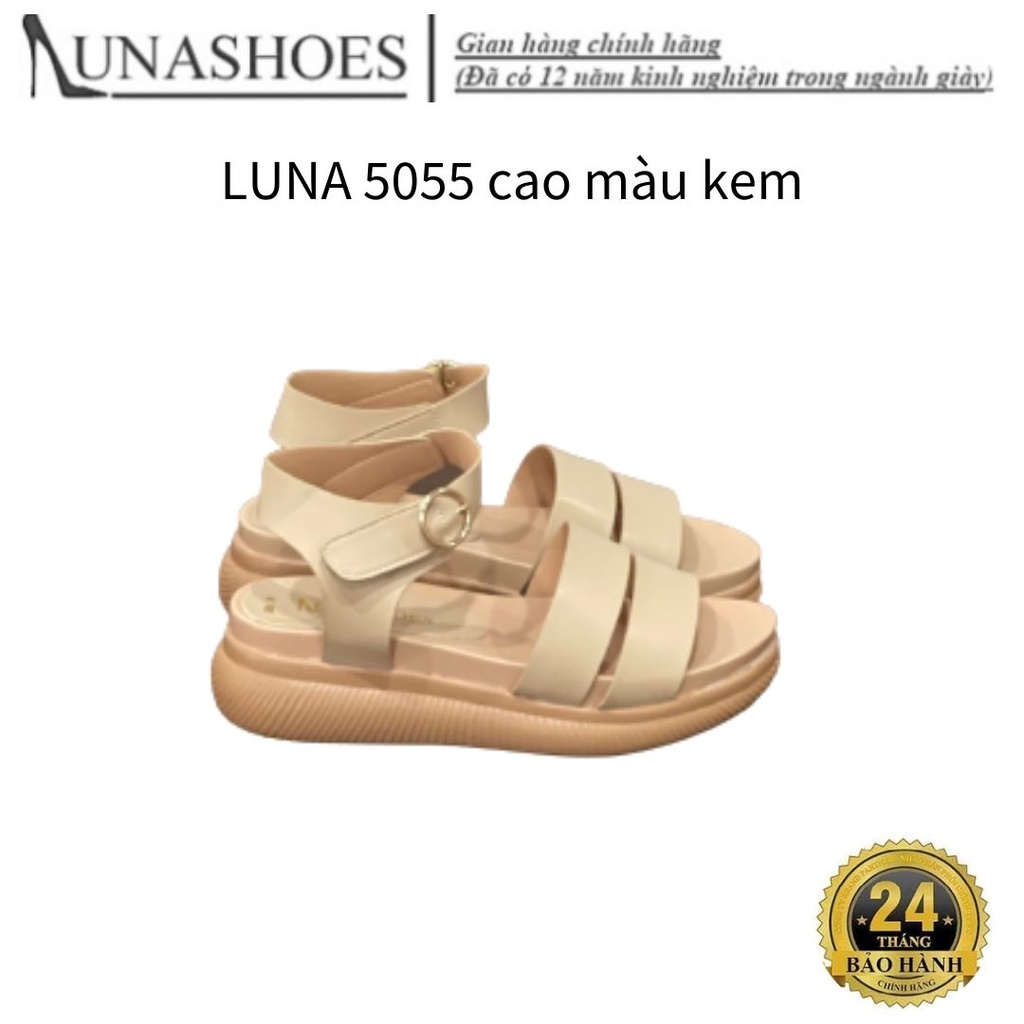 Giày sandal cao Lunashoes (5005) da si mũi tròn có quai ngang màu đen, kem bảo hành 1 năm dép đi học