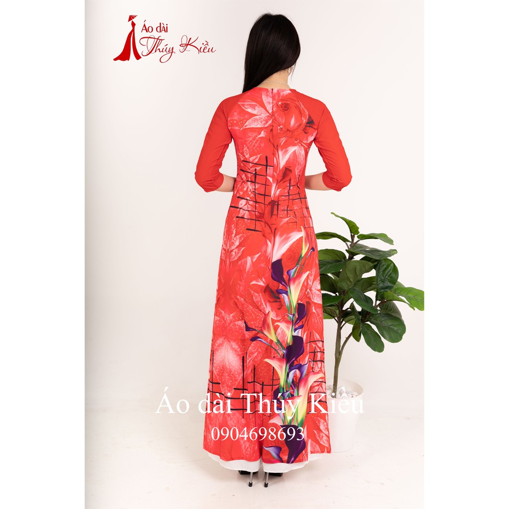 Áo dài Thúy Kiều in 3D lụa Nhật đỏ hoạ tiết caro màu K47 ADTK