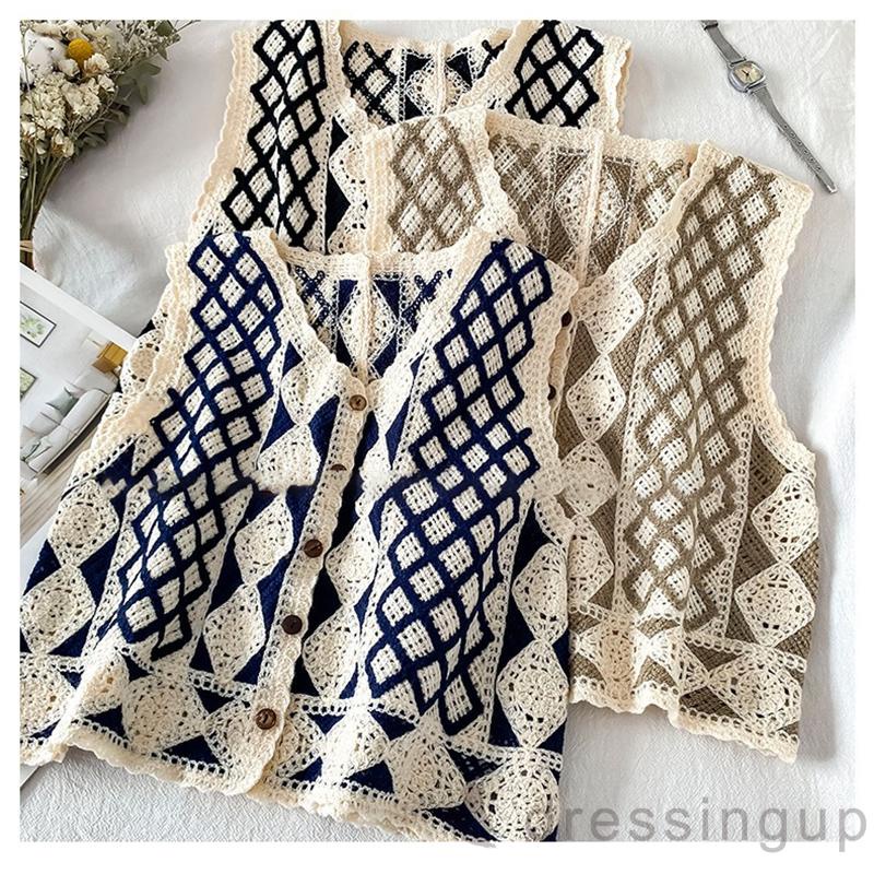 Áo dệt kim không tay cổ chữ V họa tiết hình thoi màu đen / mơ / lam kiểu xuân thu cho nữ