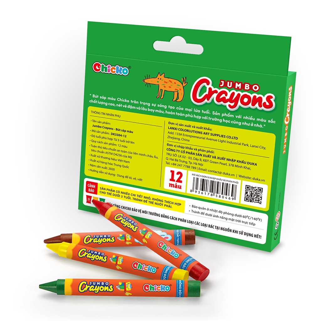 [Mã LT50 giảm 50k đơn 250k] Bút Sáp Màu Duka Jumbo Crayons (12 Màu) DK 3304 - 12