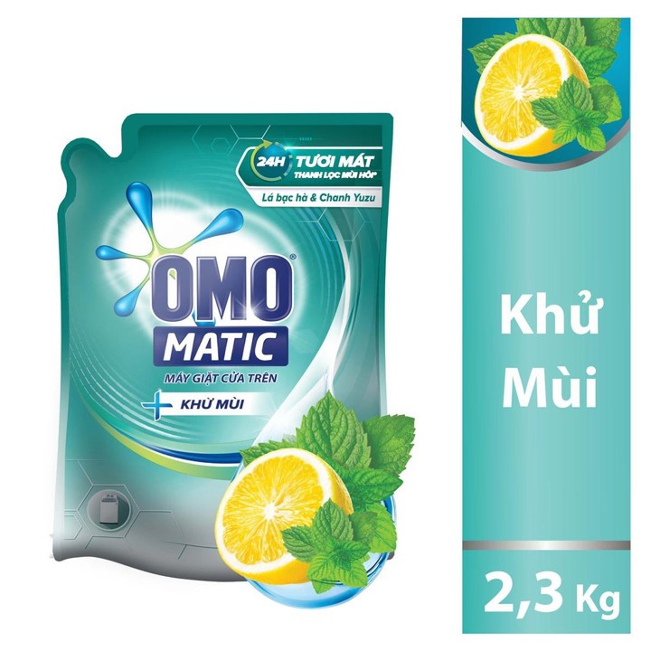[HCM]Nước Giặt OMO Matic Khử Mùi Tinh Chất Bạc Hà Và Chanh Cho Máy Giặt Cửa Trên Dạng Túi 2.3kg
