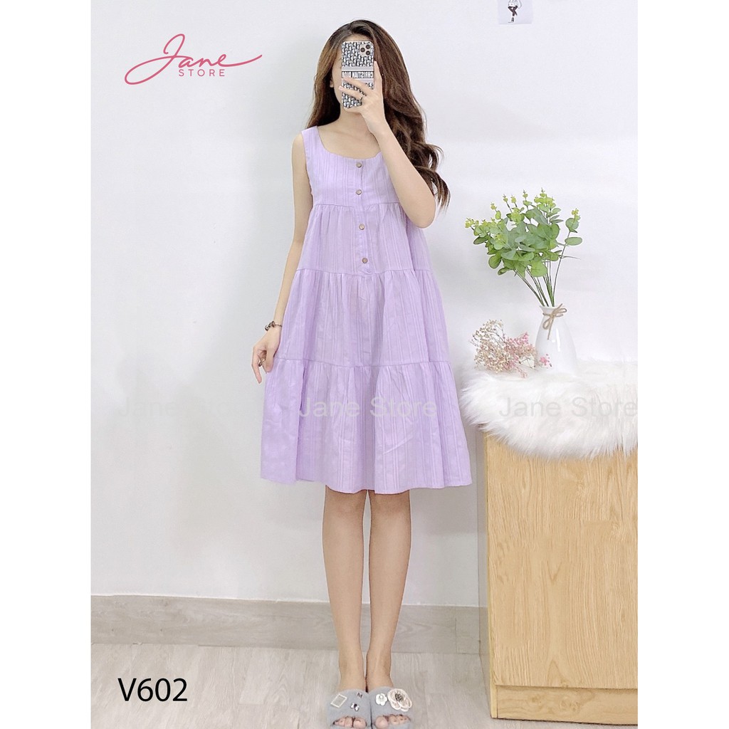 Váy ngủ dáng xòe Đồ ngủ mặc nhà chất đũi cực mát mẻ màu tím Jane mã V602
