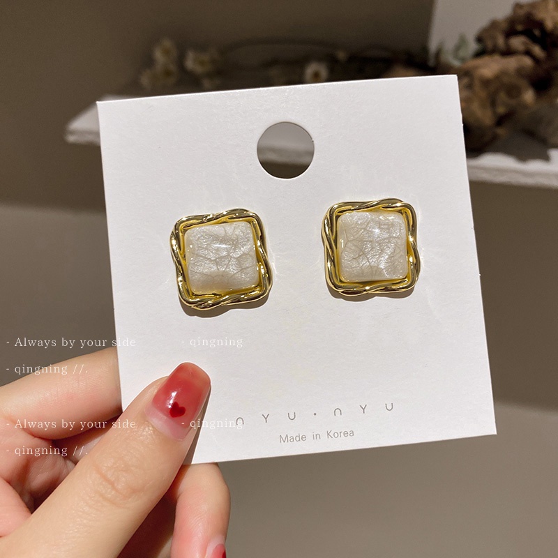 Khuyên tai DREJEW 2 bạc 925 dáng vuông/ gợn sóng nước phong cách Hàn Quốc thời trang cho nữ