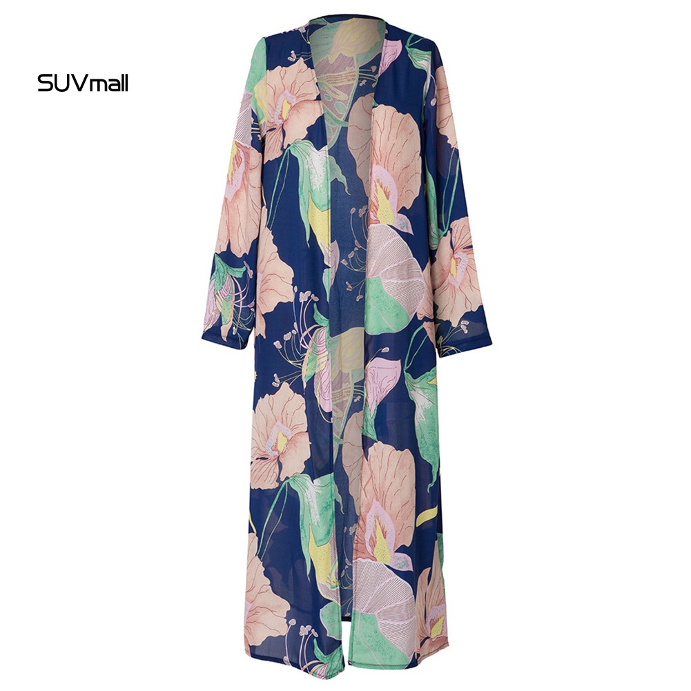 Áo Khoác Kimono Vải Voan Tay Dài In Hoa Thời Trang Đi Biển Cho Nữ